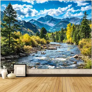 Nature-Inspired Polyester Tapestry, Forest Mountain Scenery with Green Pine Trees, White Clouds, and Flowing River, Aesthetic Wall Hanging for Living Room, Bedroom, Dorm, Office - Indoor Landscape Decor, 90gsm, Woven, No Electricity Needed