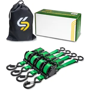Retractable Ratchet Straps 1 in x 10 ft, Secure Tie-Downs with Rubber-Coated Steel Handles, for , Jetski, Kayak, Breaking Strength 1,500LBS/680KG (Green Strap, Black Coated)