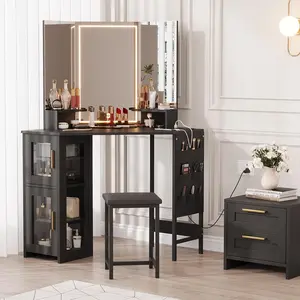 Corner Vanity Desk with LED Lighted Mirror - 3-Fold Mirror with 3 Lighting Modes, , for Bedroom, Makeup Studio