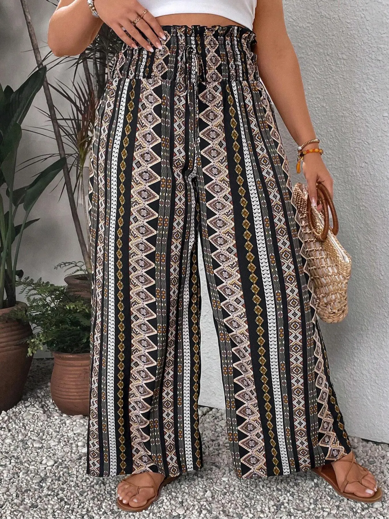 Plus Size Ethnic Pattern Frill Trim Shirred Wide-Leg Pants, Boho Casual High-Waisted Straigh-Leg Trousers for Daily and Vacation Wear, Casual Beach Pants, Women's Bottoms for Summer