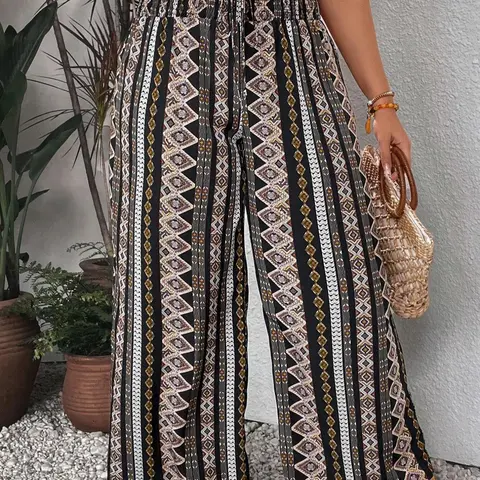 Plus Size Ethnic Pattern Frill Trim Shirred Wide-Leg Pants, Boho Casual High-Waisted Straigh-Leg Trousers for Daily and Vacation Wear, Casual Beach Pants, Women's Bottoms for Summer