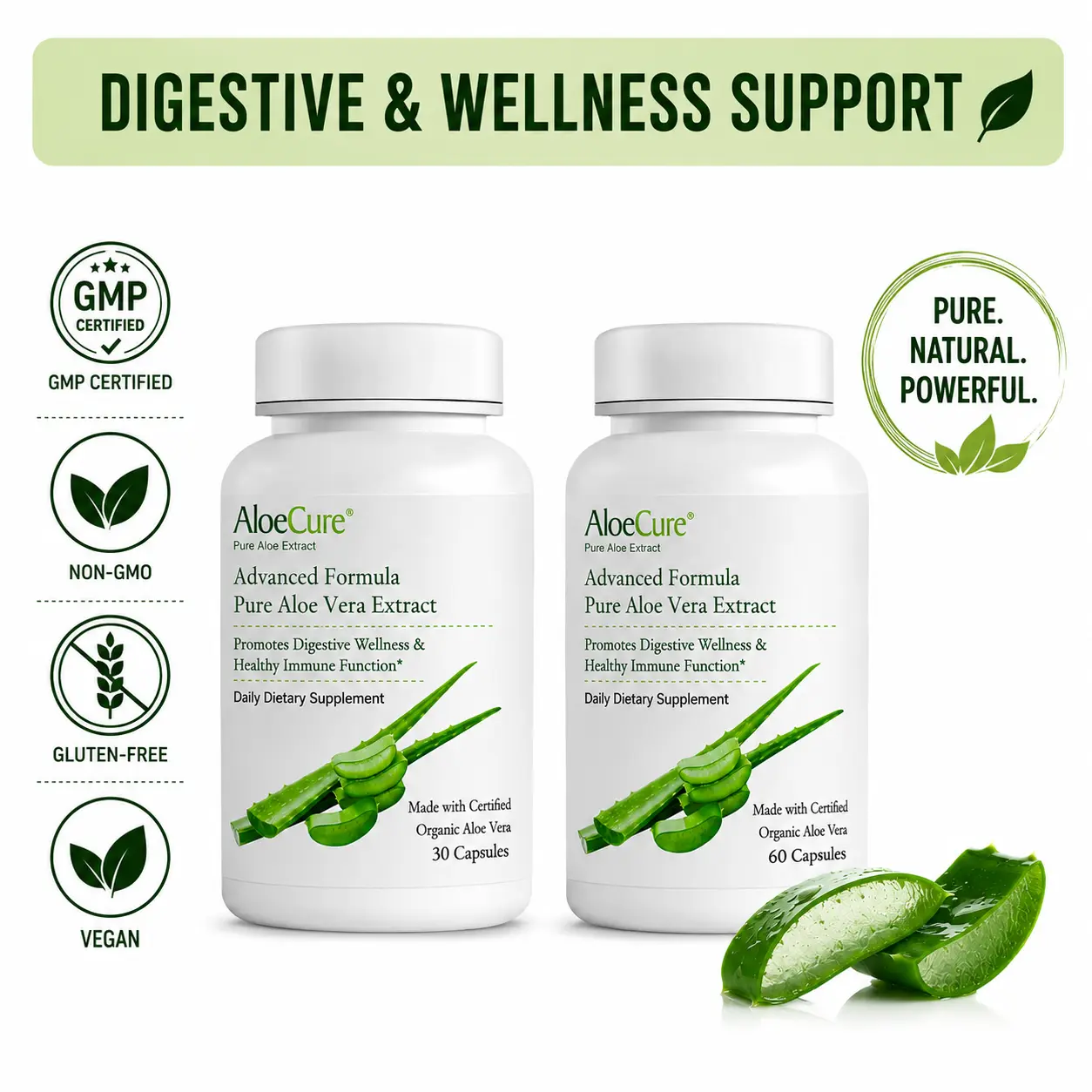 AloeCure Organic Aloe Vera Capsules 2 Pack - 1btl x 30caps, 1btl x 60caps