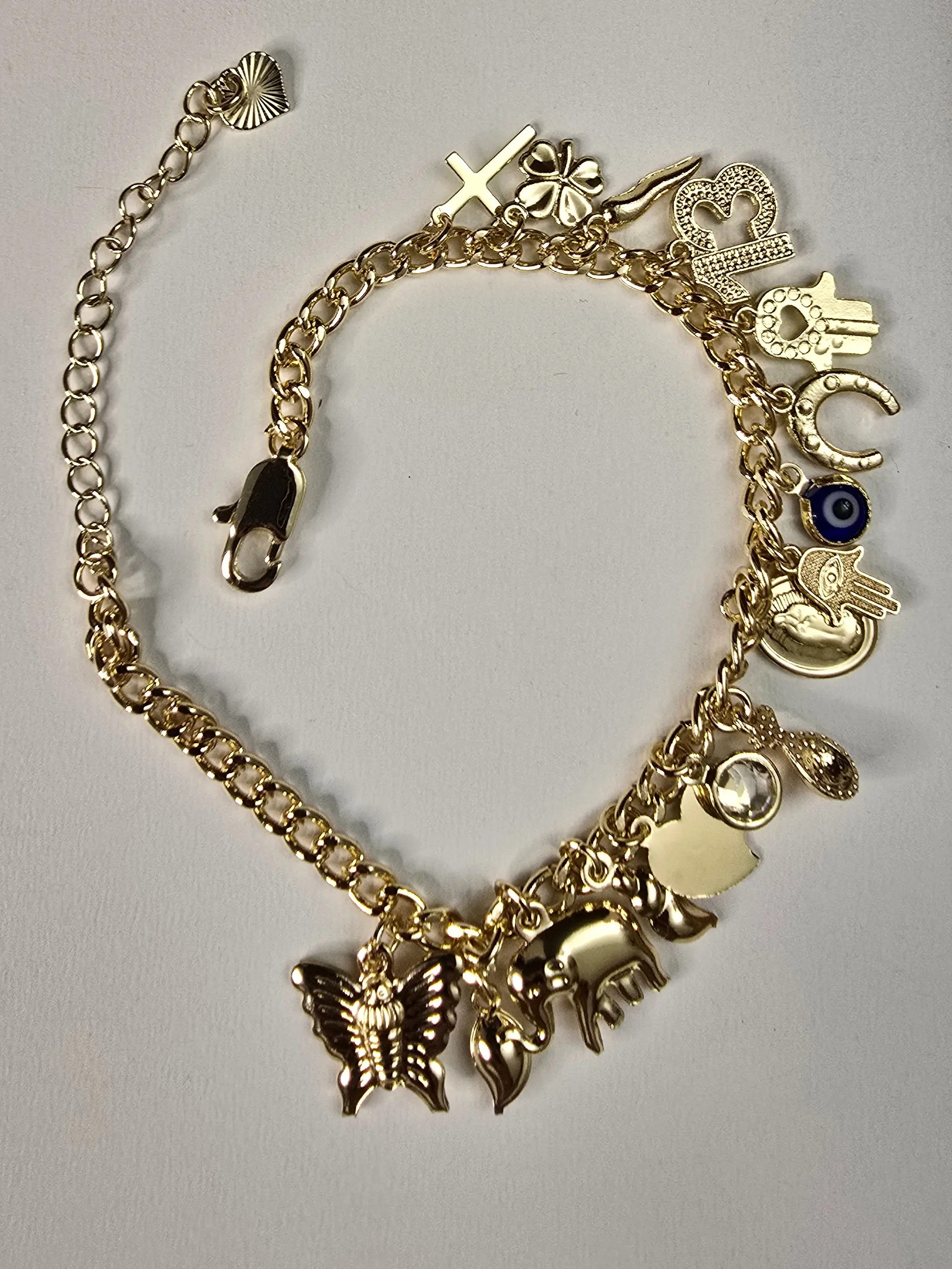 Gold Finish Charm Bracelet & Decorative Jewelry Anklet for Women, 16 Charms, Adjustable 7-in Length, Positive Energy Fashion Accessories, Accessories for Women, Charm Bracelets