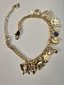 Lucky Charm Bracelet Anklet 16 Charms Gold Finish Adjustable Length 7 Inch Versatile Stylish Positive Energy Fashion Jewelry Accessories