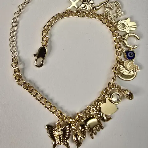 Gold-Finish Shine Charm Bracelets for Women & Ankle Bracelets & Bangles - Metal Coating, 16 Lucky Charms, 7 Inches Adjustable Length, Daily Wear, Stylish Versatile Positive Energy Costume Jewelry Accessories