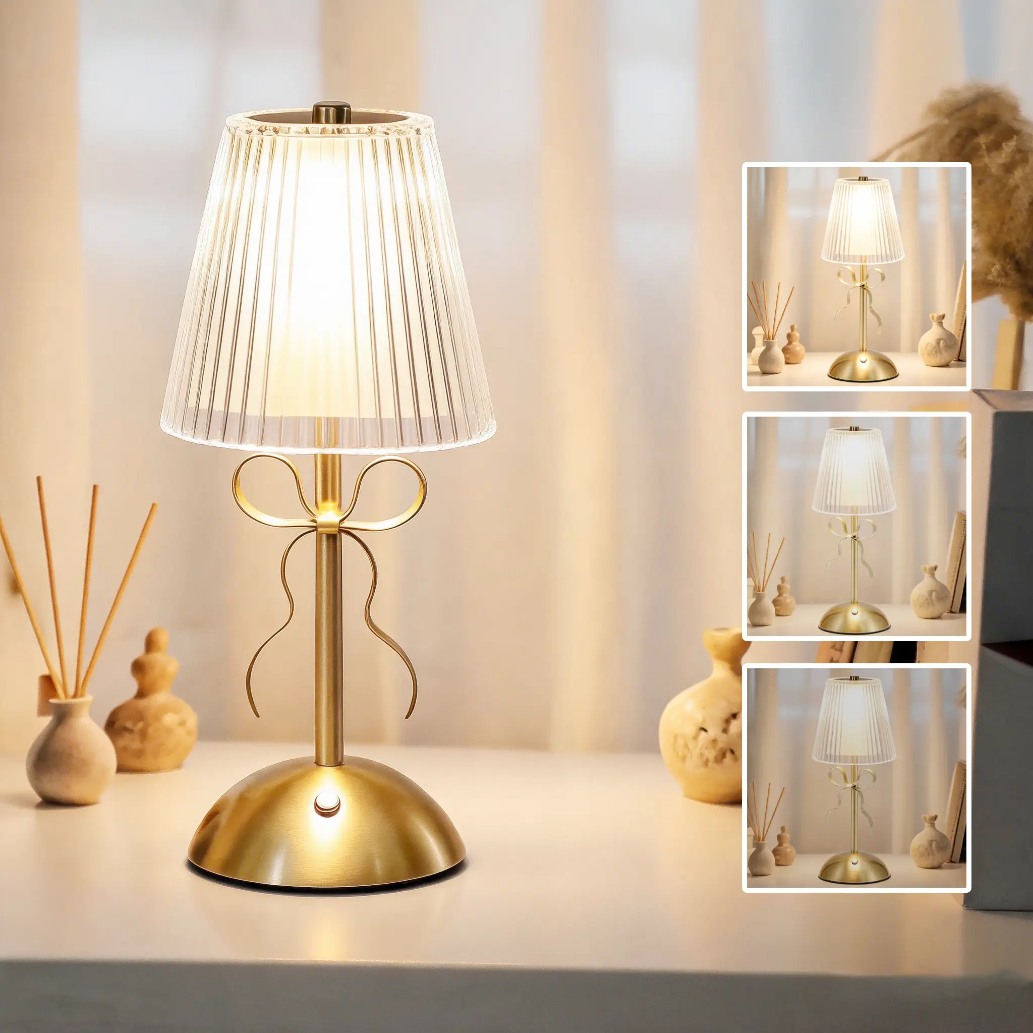 Cordless Table Lamp, Small Gold Bow Night Light, LED Rechargeable | 3 Color Stepless Dimmable, Touch Control, Reading Light, Bedside Lamp, Indoor Outdoor Use, Home Decor, Ambient Lighting