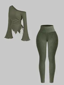 Elegant Women's Asymmetrical Shoulder Long Sleeve Dress Set, High Waist Irregular Hem Drawstring Belted Bodycon Half-Length Skirt, Outfit Womenswear