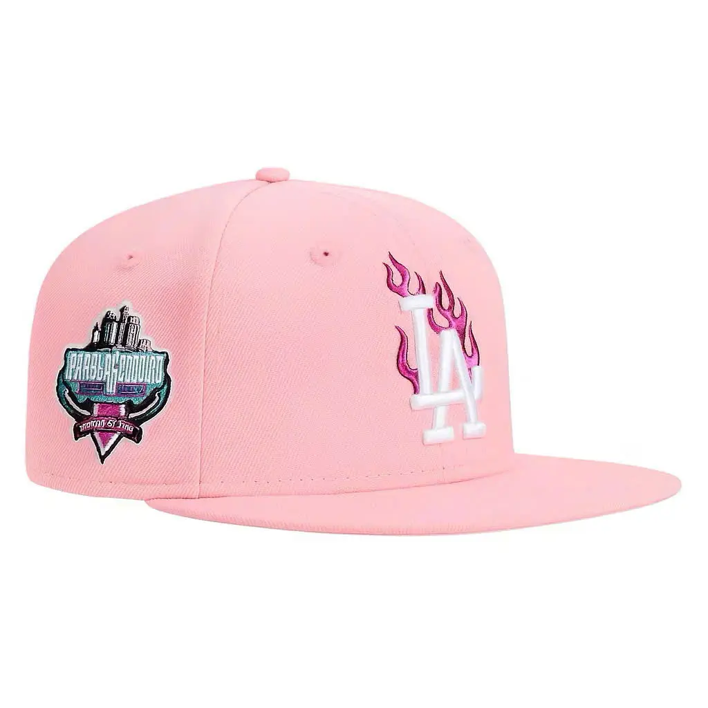 MLB New Era Los Angeles Dodgers 59FIFTY Fitted Flat Bill Baseball Cap Pink Flame LA Logo Anniversary Patch Premium Streetwear Fashion Game Day Fan Hat