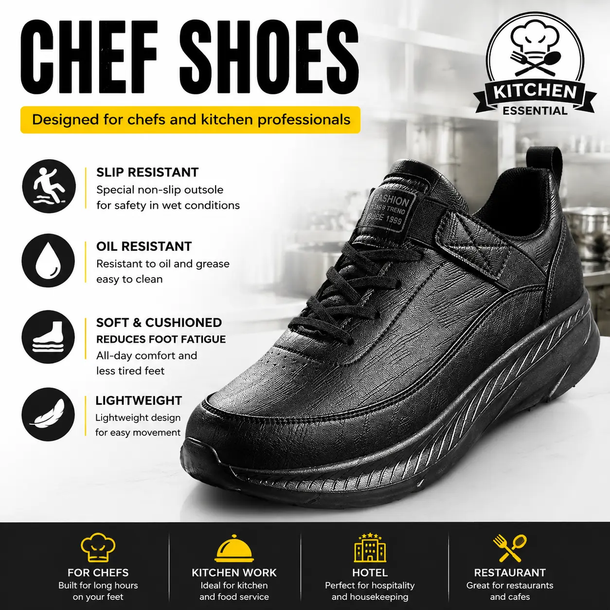 Chef ' s shoes , work shoes , waterproof , anti slip , oil proof , work odor proof and professional kitchen , comfortable , black stain resistant , easy to put on and take off , no need for straps , wide toe