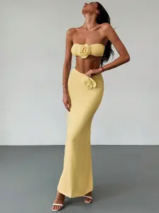 Women's Knit Bandeau Top & High Waist Maxi Skirt Set - 2-Piece Floral Outfit with 3D Rose Detail, Adjustable Back Ties, Strapless Tube Top & Bodycon Skirt for Beach Party, Resort, Honeymoon, and Evening Events Fabric Polyester