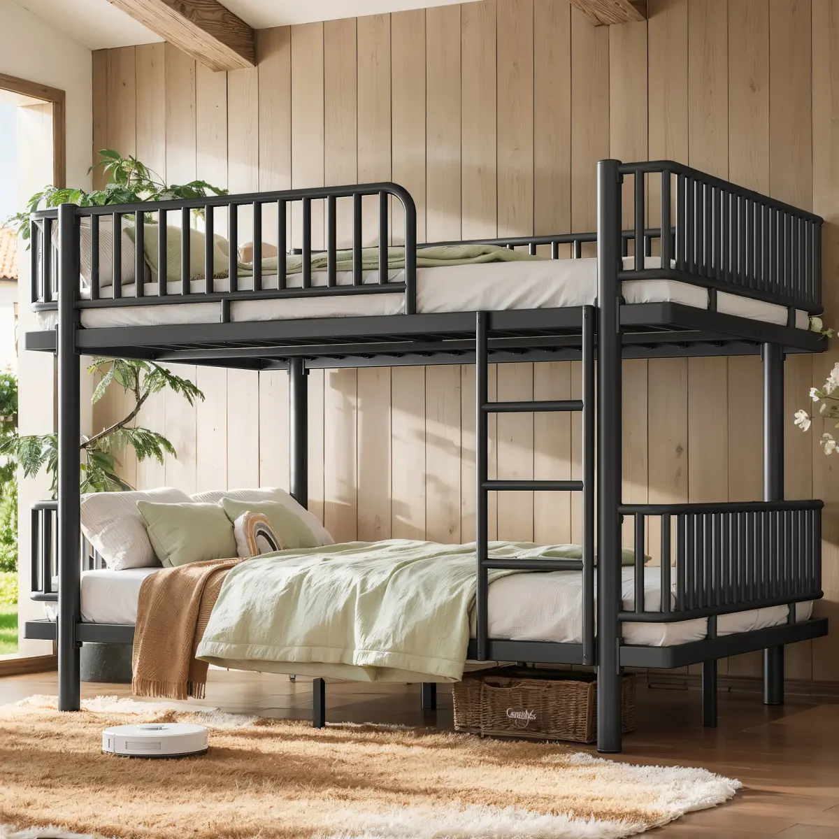 Queen over Queen Bunk Bed with Ladders & Guardrails, Heavy-Duty Metal Bunk Bed Frame with Upgraded Safety Round-Pipe Design, Can Transformed into 2 Platform Bed, Noise Free,for Kids Teens Adults,Black