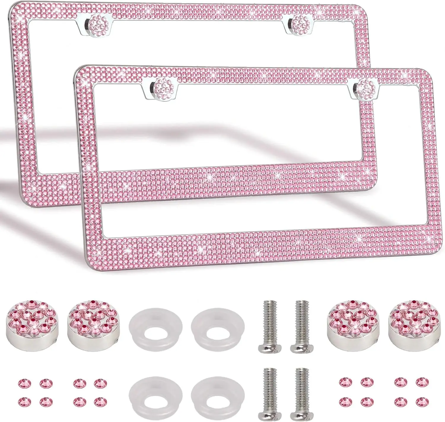 Women's Automotive 2-Pack Fancy Bling License Plate Frames, Durable Pink Car Exterior Number Plate Accessories, Fancy License Plate