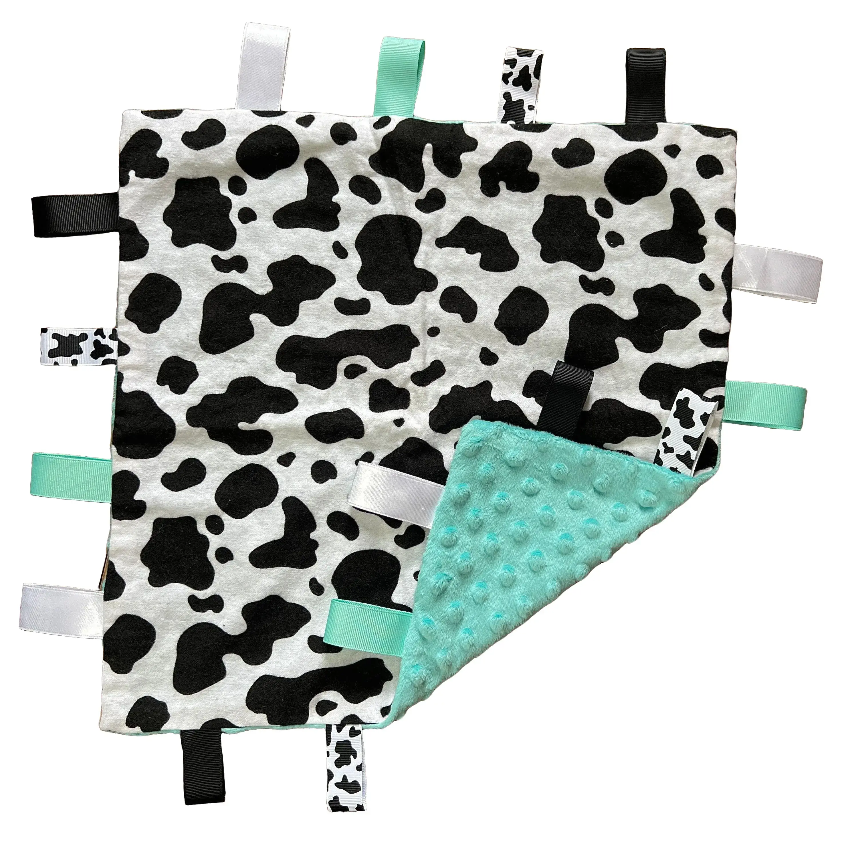 Cow Print Taggie Blanket with Turquoise Backing