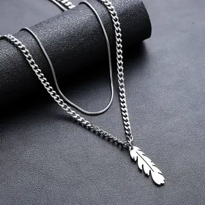 Vintage silver feather pendant necklace, men's bohemian-style necklace, matching necklaces for men and women