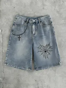 Gothic Spider Web Print Denim Shorts with Cross Chain | Y2K Streetwear Baggy Jean Shorts | Vintage Washed Blue Casual Summer Skate Shorts | Harajuku Punk Hip Hop Fashion Bottoms for Men Women |  Trending TikTok Aesthetic Grunge Alt Outfit |