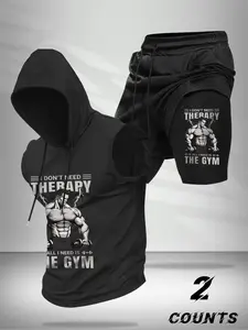 Men's Fitness Motivational Print Hooded Vest Set, Sleeveless Sweatshirt & Shorts, Casual Geometric Pattern, Loose-Fitting Running Training Gear, Fitness Outfits