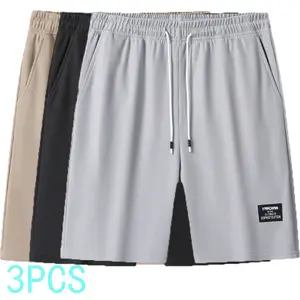 Men’s breathable casual shorts, 3-pack, drawstring waist design, lightweight polyester fabric, multifunctional pockets, suitable for everyday casual wear, running, beach or outdoor activities, drawstring waist shorts.