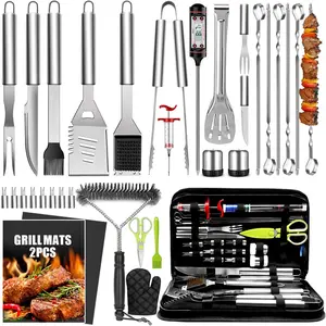 34Pcs 16 Inches Heavy Duty BBQ Grill Set, Stainless Steel BBQ Tools with Thermometer, Grill Mats for Backyard, Grilling Gifts for Men Women