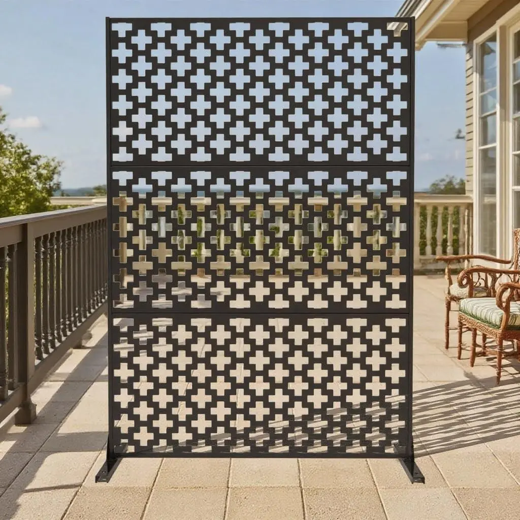 Black Metal Privacy Screen Outdoor, 72" h×47" w Privacy Fence Galvanized Steel Decorative with Stand, Room Divider Panel for Patio, Deck, Balcony, Garden, Indoor, Outdoor