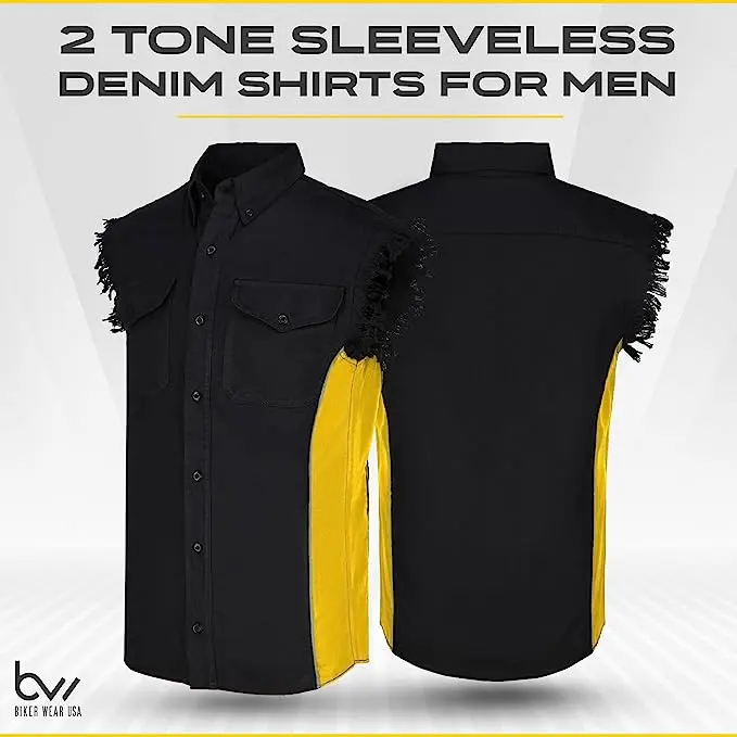 BIKER WEAR USA Men's Sleeveless Shirt with Reflective Safety Lining Two Pockets Cut-Off Sleeves Breathable Cotton Loose Fit Outdoor Tops
