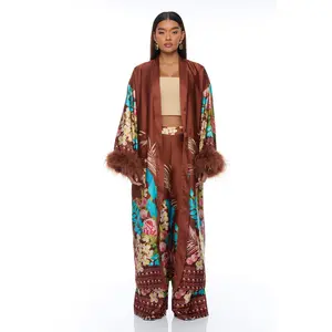 Kassidy Feathered Satin Pant 2 Piece Set - Brown