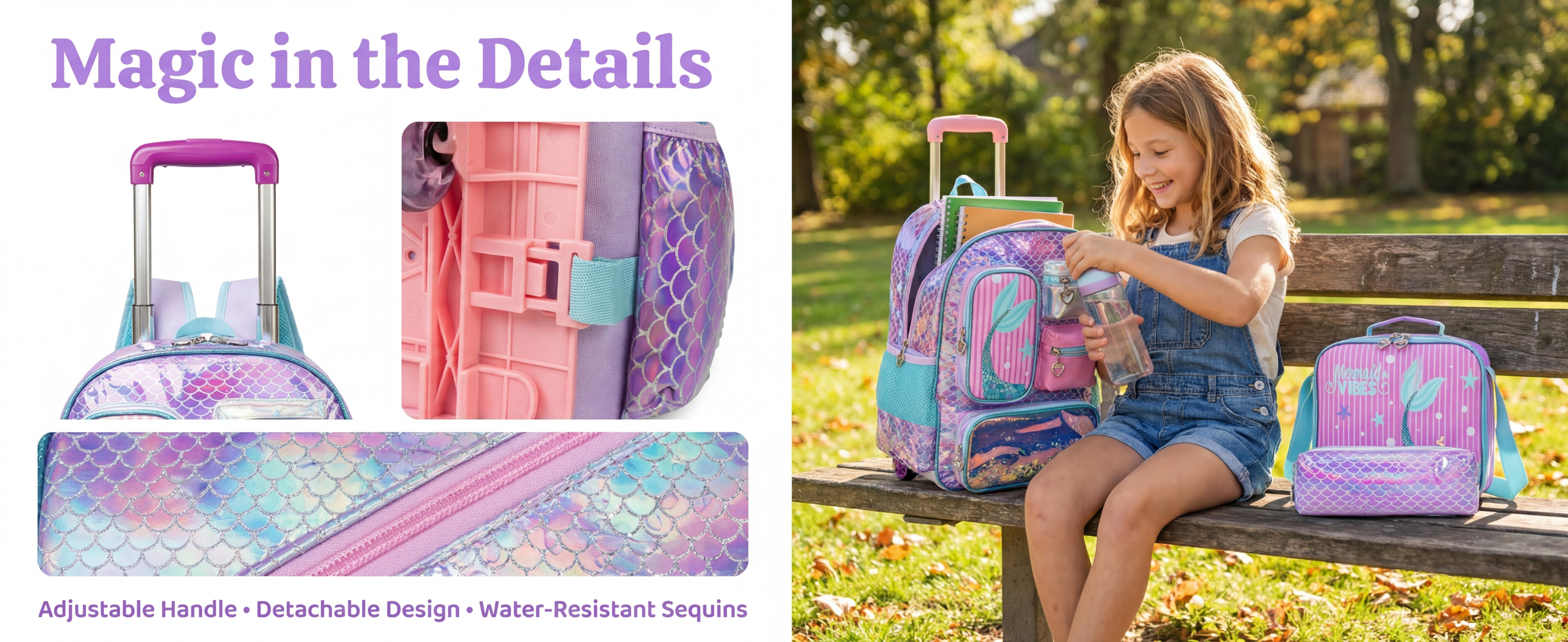 Rolling Backpack for Girls with Wheels Elementary School Bag Lunch Box Pencil Case Set for Ages 6-12 Years Old Mermaid Design