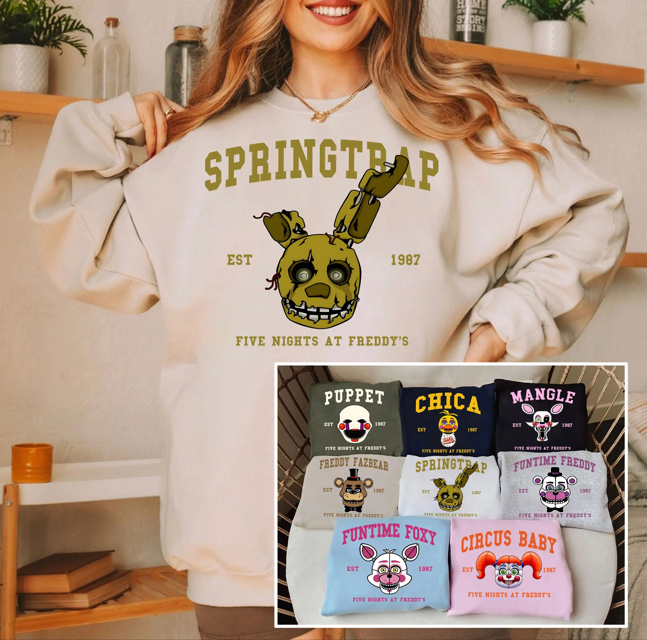 Five Nights at Freddys Characters Sweatshirt and Hoodie, FNAF Animatronics Sweatshirt, FNAF Horror Movies Hoodie, Gift for Fan