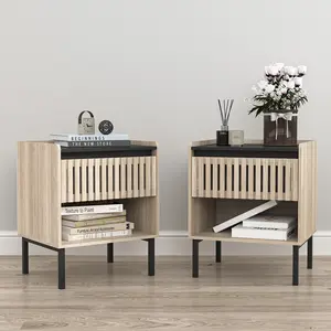 Spaco Modern Minimalist Side Tables with Slatted Front & Open Shelf Storage – Set of Two for Living Room, Bedroom, or Office – Light Wood Finish with Black Metal Legs