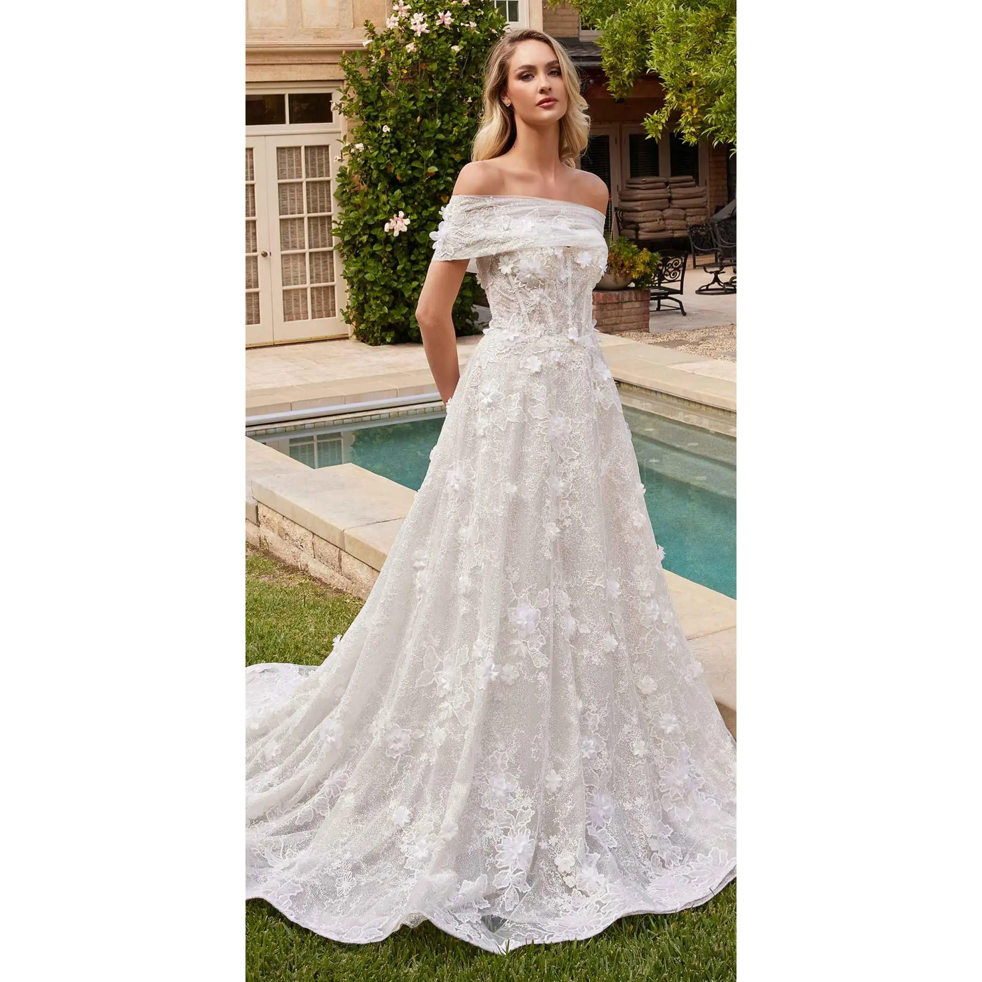 Women's Ladivine CD860W Strapless A-Line Bridal Gown, Long Chapel Train, Removable Shawl, Soft Floral Fabric, Ball Gown Option, Hidden Zipper Closure, Lace
