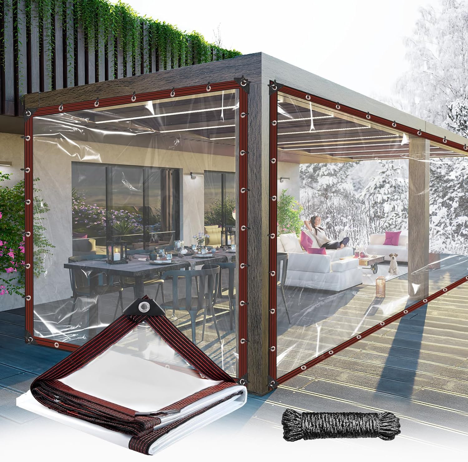 Heavy-duty clear waterproof tarp protecting an outdoor patio
