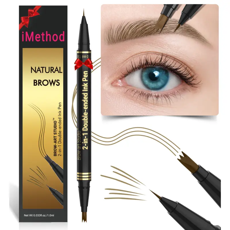 iMethod Double-Sided 2-in-1 Liquid Microblading Eyebrow Pencil - 3-Prong Hair Fill Applicator, Precise Brush-Tip, Beginner-Friendly, Long-Lasting Hold, Natural-Looking Shaping, Makeup Products, Cosmetic Eyebrow Tool