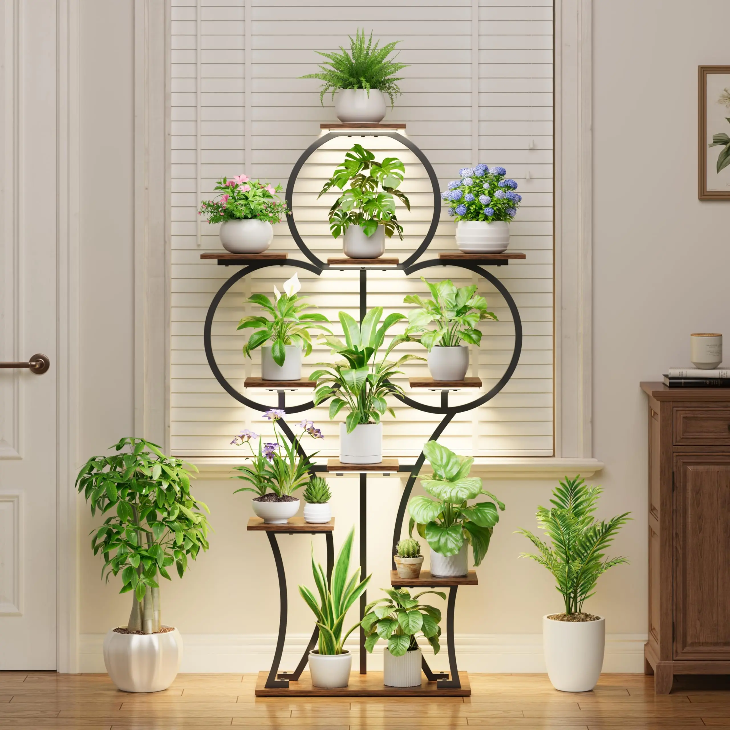 POZILAN Indoor Plant Stand with Grow Lights, Multi-Tiered Plant Shelf for Indoor Plants, Tall Corner Metal Plant Rack with Dimmable Timer Lights for Living Room Balcony Window
