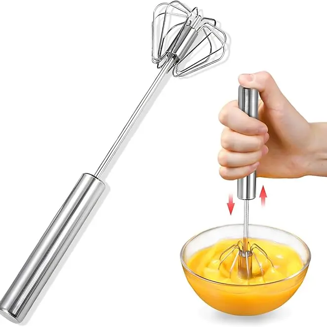 2025 New Stainless Steel Handheld Semi-Automatic Rotary Whisk Stirrer Mixer - Easy Operation Cooking Tool, Push-and-Go Kitchen Utensil for Baking Egg & Milk Prep, Reduces Arm Strain, Stainless Steel Whisks
