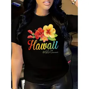 Hawaii Floral Graphic Tee Unisex Summer Vacation Beach Outfit Short Sleeve Crewneck Streetwear Casual Soft Cotton Top