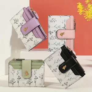 Elegant Floral Print Bifold Wallet Classic Hardware Button Design