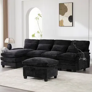 106" U Shaped Modern Sofa Modular Sectional Cloud Couch with Storage Ottoman, Upholstery Chenille Deep Seat Sofa with Charging Port for Living Room, Reversible Chaise Lounge, Black