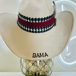 BAMA Western Gameday Hat with Houndstooth Crimson Tide Band Embroidered Logo Feather Accents for Sports Fans