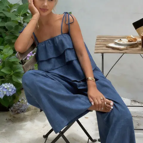 2-Piece Women's Sleeveless Ruffle Top & High Waist Casual Pants Set, Coordinate, Clothes, Comfortable and Trendy Outfits, Stylish Summer Wear, Two Piece Outfits