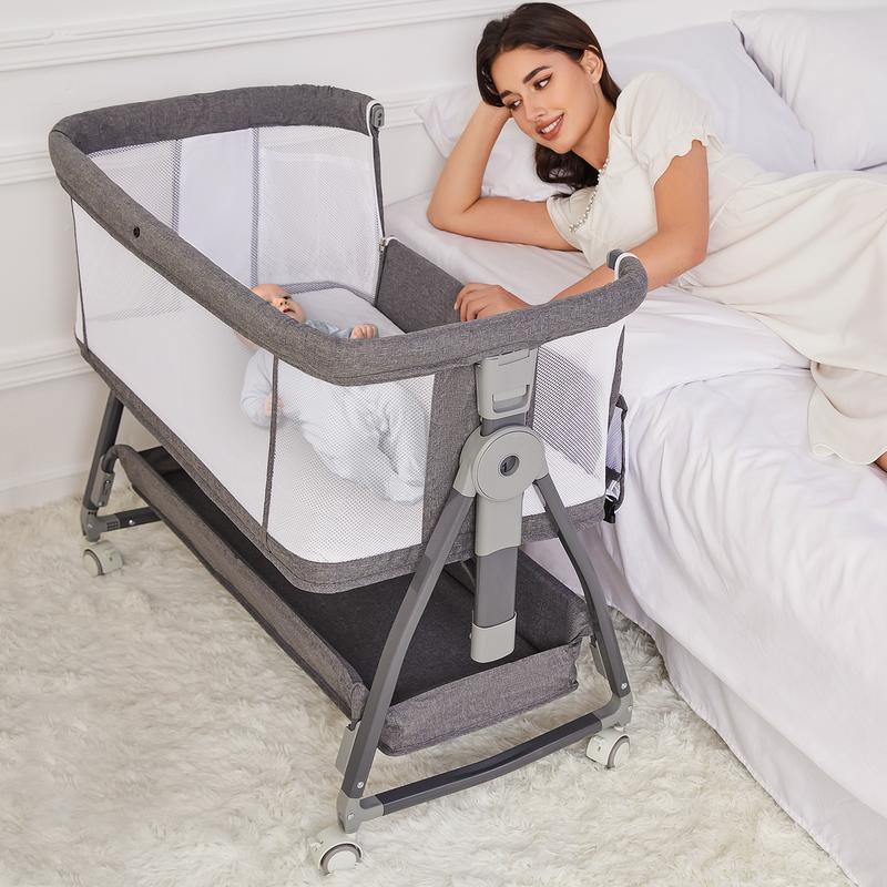 3 in 1 Kids Bassinet Bedside Sleeper, Bedside Bassinet for Kids, Rocking Bassinet with Wheels, Height Adjustable Bedside Crib for Newborn with Mattress, Storage Basket, Mosquito Net