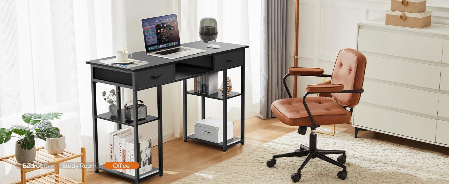 Sweet Furniture F Computer Desk with 2/3 Drawers 32/48 Inch with Storage Space Fabric Side Bag Headphone Hook Metal Frame Adjustable Feet