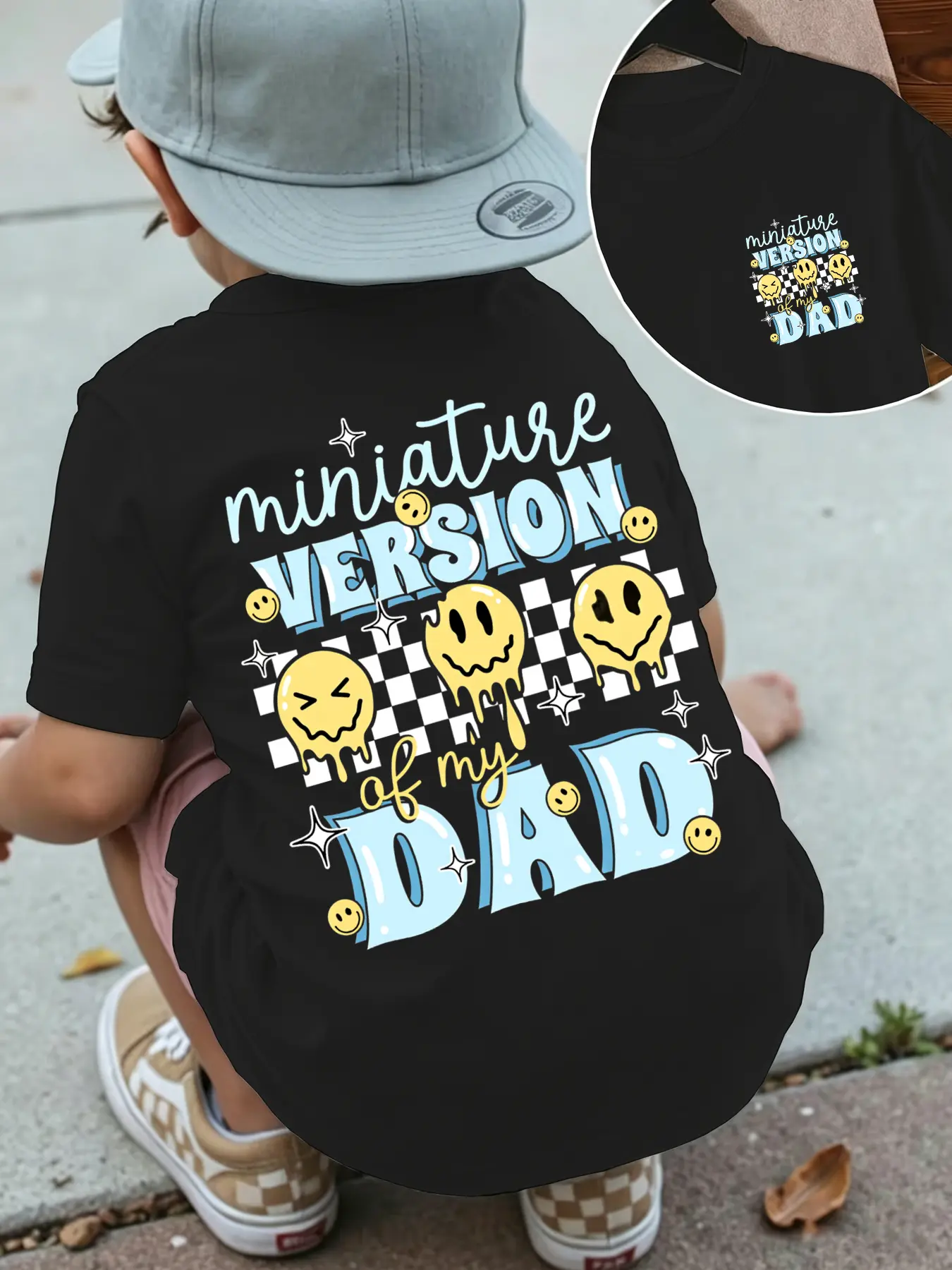 Toddler Boys' "Miniature Version of My Dad" T-Shirt, Streetwear Inspired Durable Premium Cotton Blend Casual Top, Double-Sided Graphic Print with Checkerboard, Dripping Smiley Faces & Letters, 3-4 Years