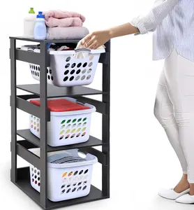 Laundry Basket Holder Shelf (3-Tier) - Stackable Engineered Wood Laundry Tower, Tiered Laundry Hamper Organizer for Bathroom, Bedroom, Laundry Room