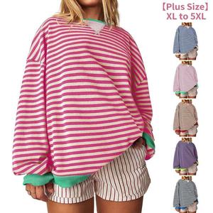 【1XL-5XL】Curve imily bela curve Womens Plus size Striped Sweatshirt Color Block Crew Neck Long Sleeve Shirt Casual Loose Pullover Top Y2K Clothes