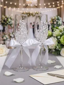 2 Piece Set Unique Suspended Pearl Bubble Ribbon Bow Wedding Champagne Glass Elegant Bride and Groom Wish Wine Glass Reusable Romantic Pearl Decoration Wedding Goblet Suitable for Wedding Reception, Engagement, Anniversary, Couple Gift, Church, Photo Prop