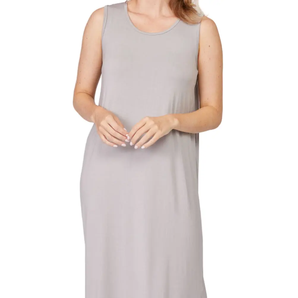 Sleeveless Bamboo Rayon Nightdress for Women, Silky Soft Breathable Sleep Dress, Relaxed Fit Ankle Length Lounge Dress with Draped Back and Double Slits, Thermoregulating Nightgown