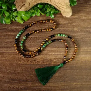 108 Mala Beads Natural African Turquoise Obsidian Tiger's Eye Beaded Tassel Prayer Healing Spiritual Protection Men Women Necklace