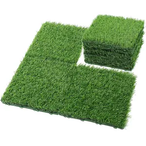 Artificial Grass Tile, 6/12 Counts Interlocking Lawn Square, Fake Grass Mat for Balcony Deck Floor Decoration, Pet Dog Mat, Self-draining 8-button System