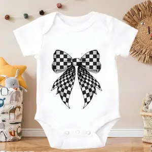 Checkered Bow Design Print Print Baby Bodysuit Casual Short Sleeve Romper | Casual Triangle Style Romper baby Gentle on Skin Comfortable Cotton New Born, Baby Shower Gift New Parents Gift