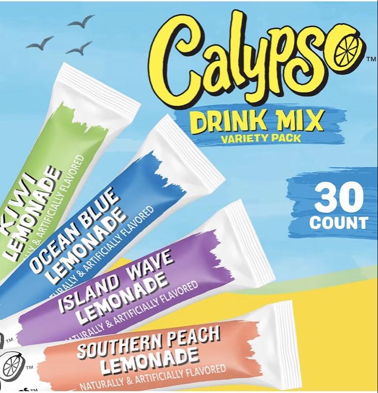 Calypso Singles To Go! Drink Mix Variety Pack – Lemonade On-the-Go Powdered Drink Mix Packets – Low Calorie Water Enhancer – Island Wave, Kiwi, Southern Peach, Ocean Blue Lemonade, 30 Count
