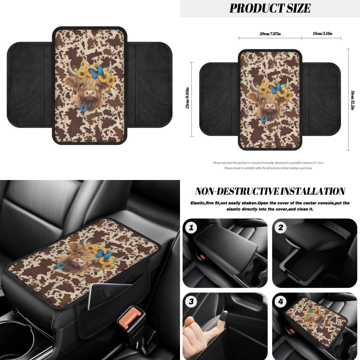 Aztec Highland Cow 14-Piece Auto Seat Cover Full Set Kit, Elastic Non-Slip Car Interior Ornament with Steering Wheel Cover, Coasters, Safety Pads, Garbage Bag & Keychain, Festive Holiday Gift for Men, 14 Pieces, Auto Interior